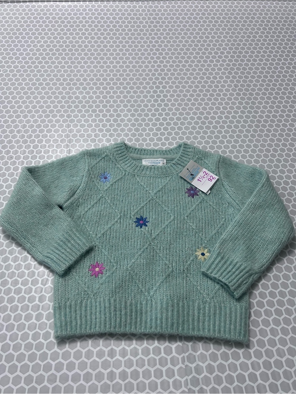 Primark Cares Mint Green Fuzzy Knit Sweater Embroidered Flowers NWT  Size 18M